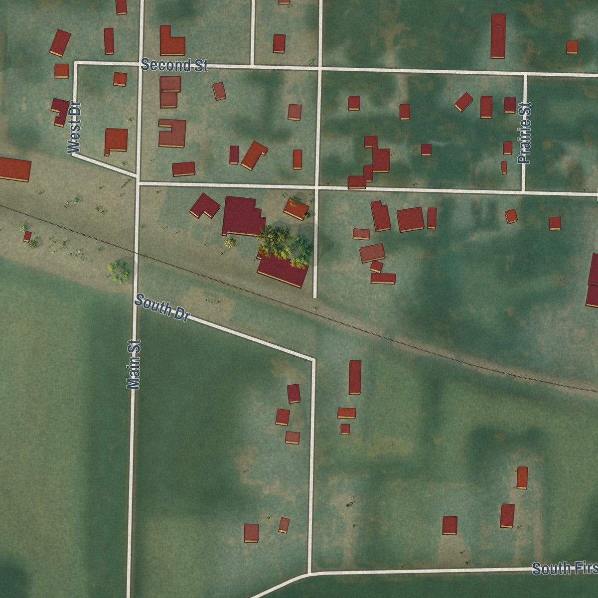 Close-up of the map of Dickens, Iowa print showing street and building detail