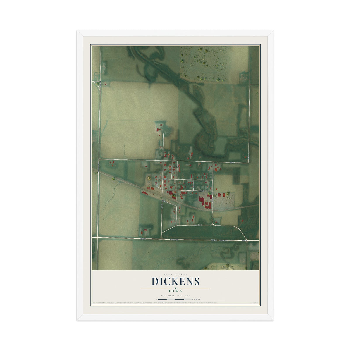 Map of Dickens, Iowa, 12 x 18 inch print in a white wood frame