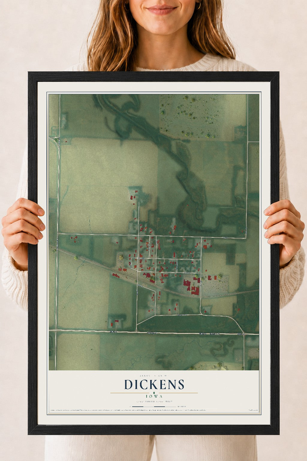 Map of Dickens, Iowa, 18 x 24 inch print in a black wood frame