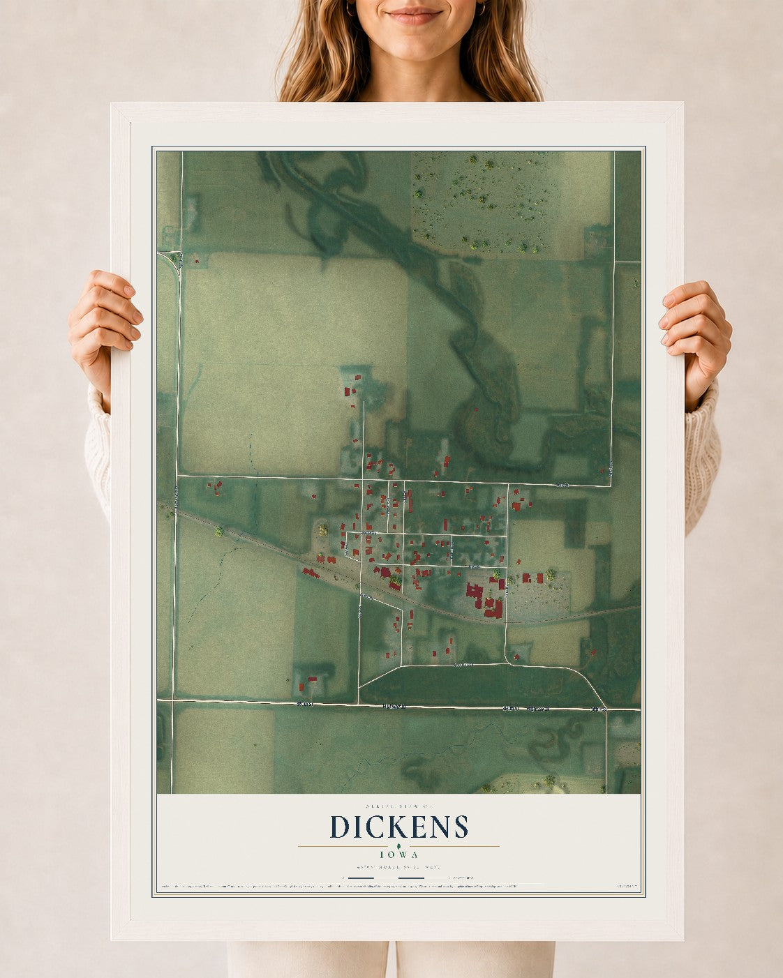 Map of Dickens, Iowa, 24 x 36 inch print in a white wood frame