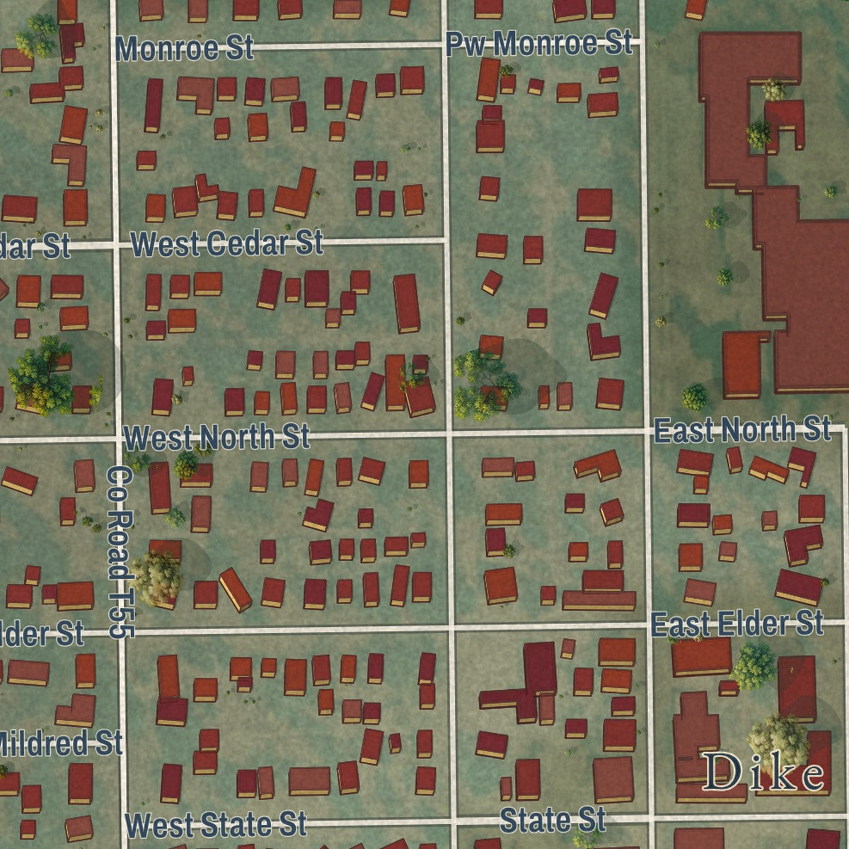 Close-up of the map of Dike, Iowa print showing street and building detail