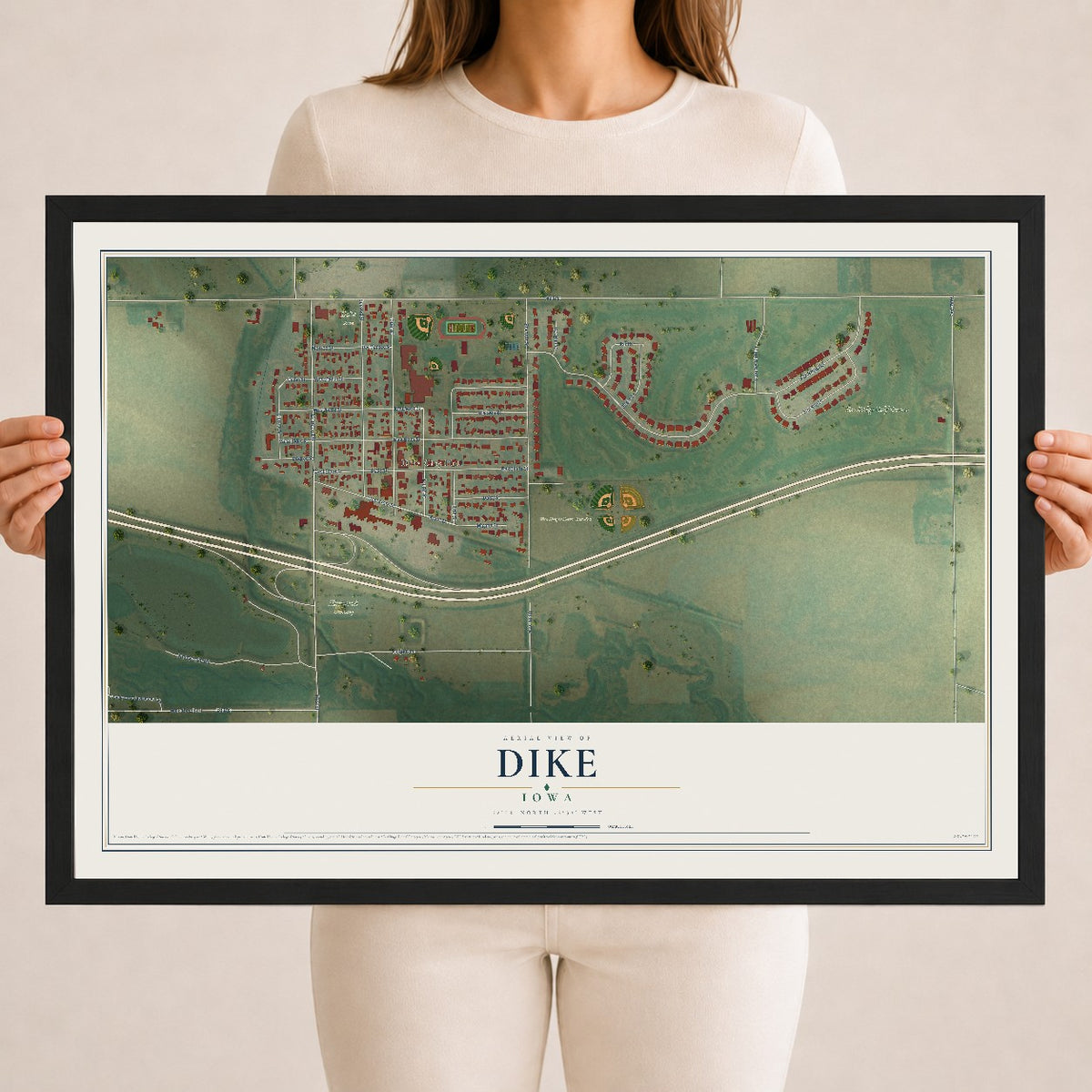 Map of Dike, Iowa, 18 x 24 inch print in a black wood frame