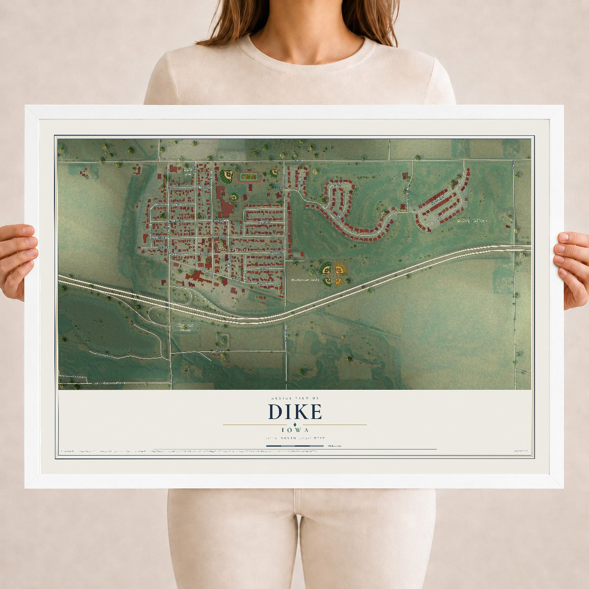 Map of Dike, Iowa, 18 x 24 inch print in a white wood frame