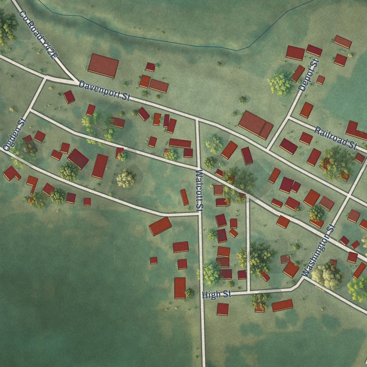 Close-up of the map of Dixon, Iowa print showing street and building detail