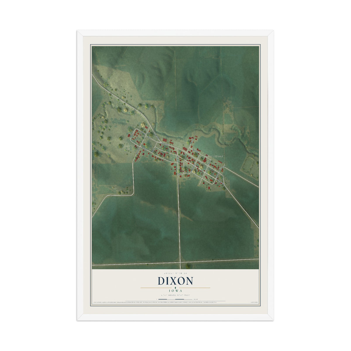 Map of Dixon, Iowa, 12 x 18 inch print in a white wood frame