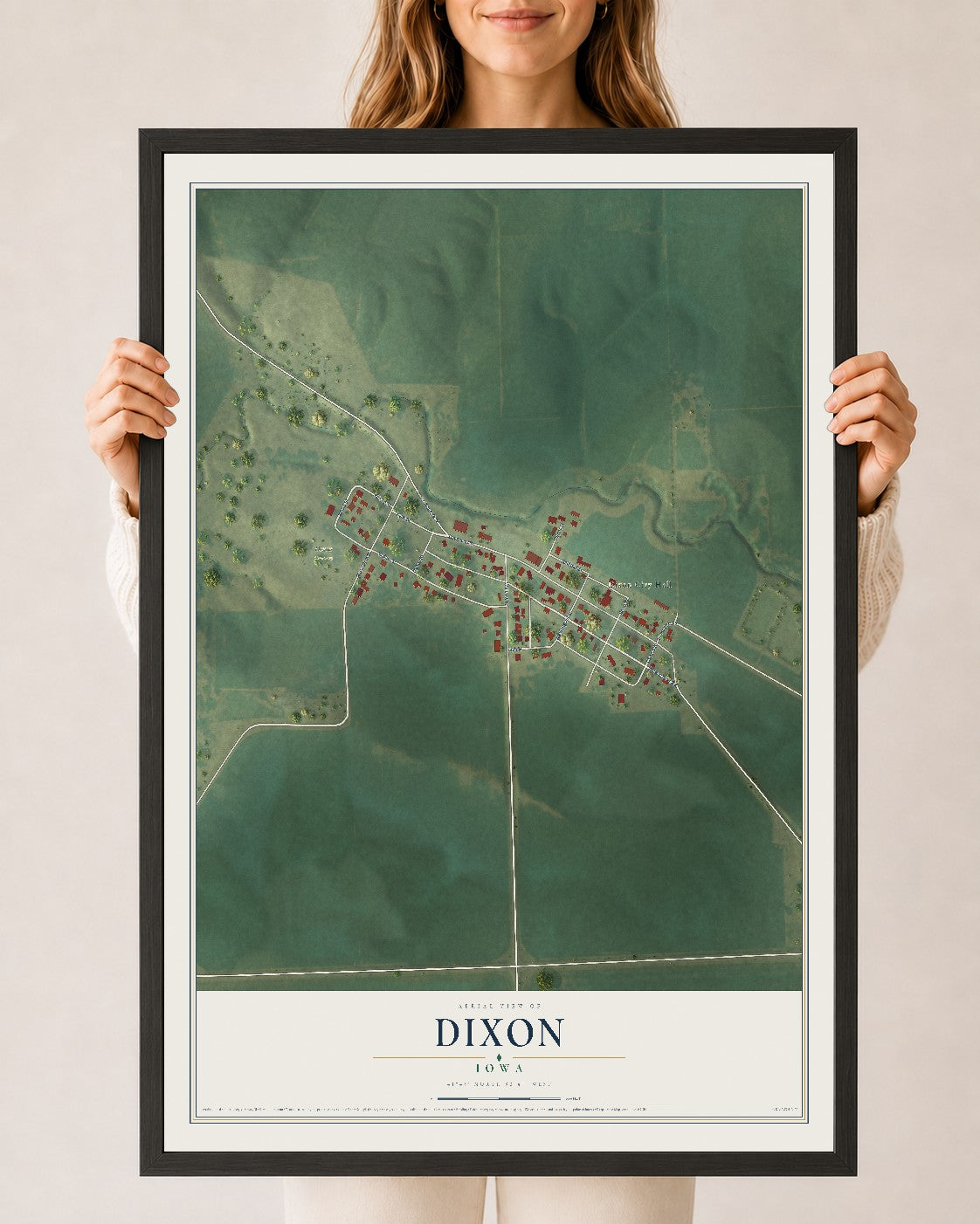 Map of Dixon, Iowa, 24 x 36 inch print in a black wood frame