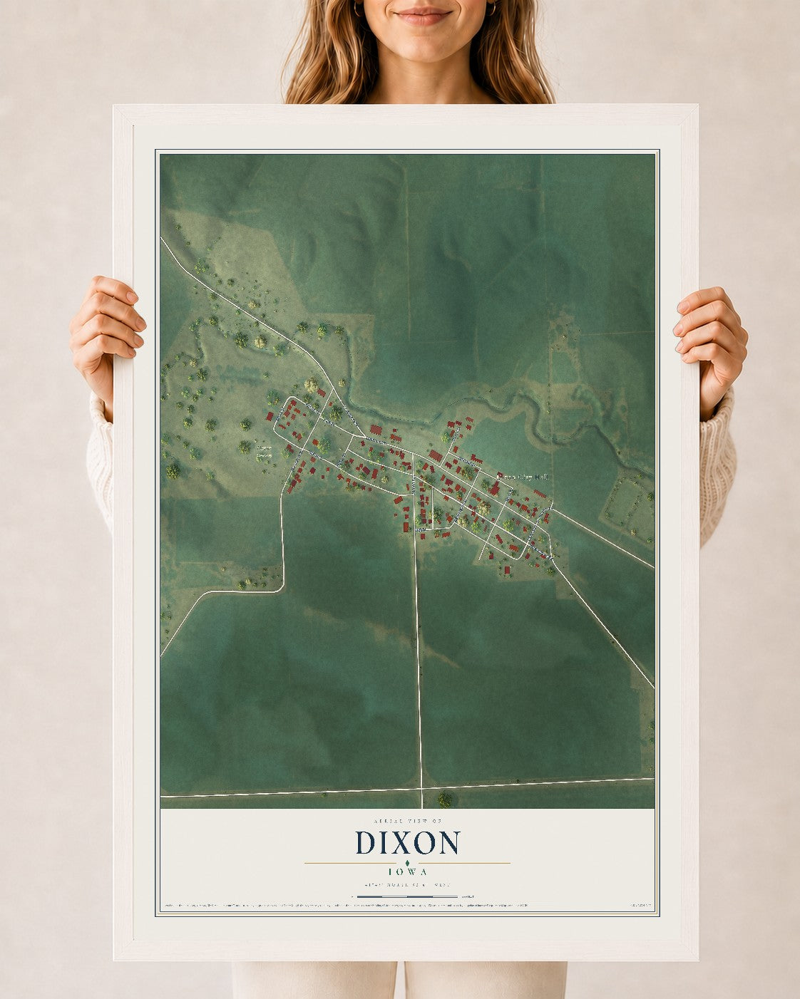 Map of Dixon, Iowa, 24 x 36 inch print in a white wood frame