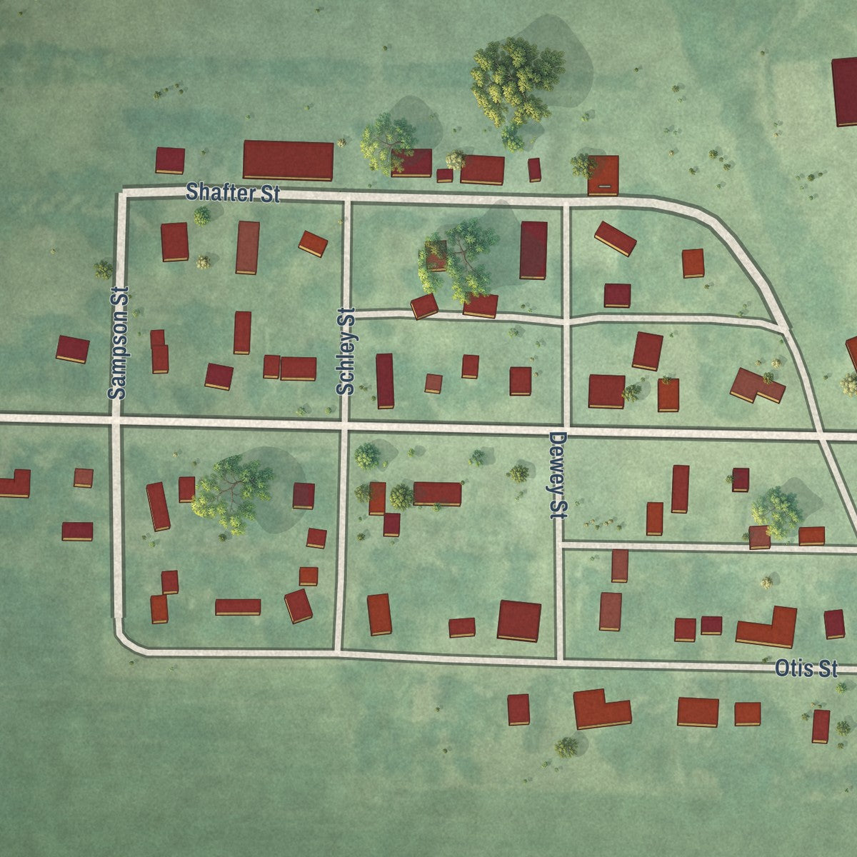 Close-up of the map of Dolliver, Iowa print showing street and building detail