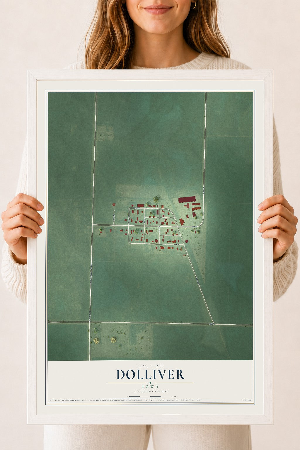 Map of Dolliver, Iowa, 18 x 24 inch print in a white wood frame