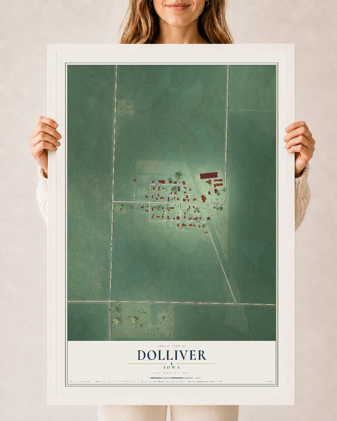 Map of Dolliver, Iowa, 24 x 36 inch print in a white wood frame