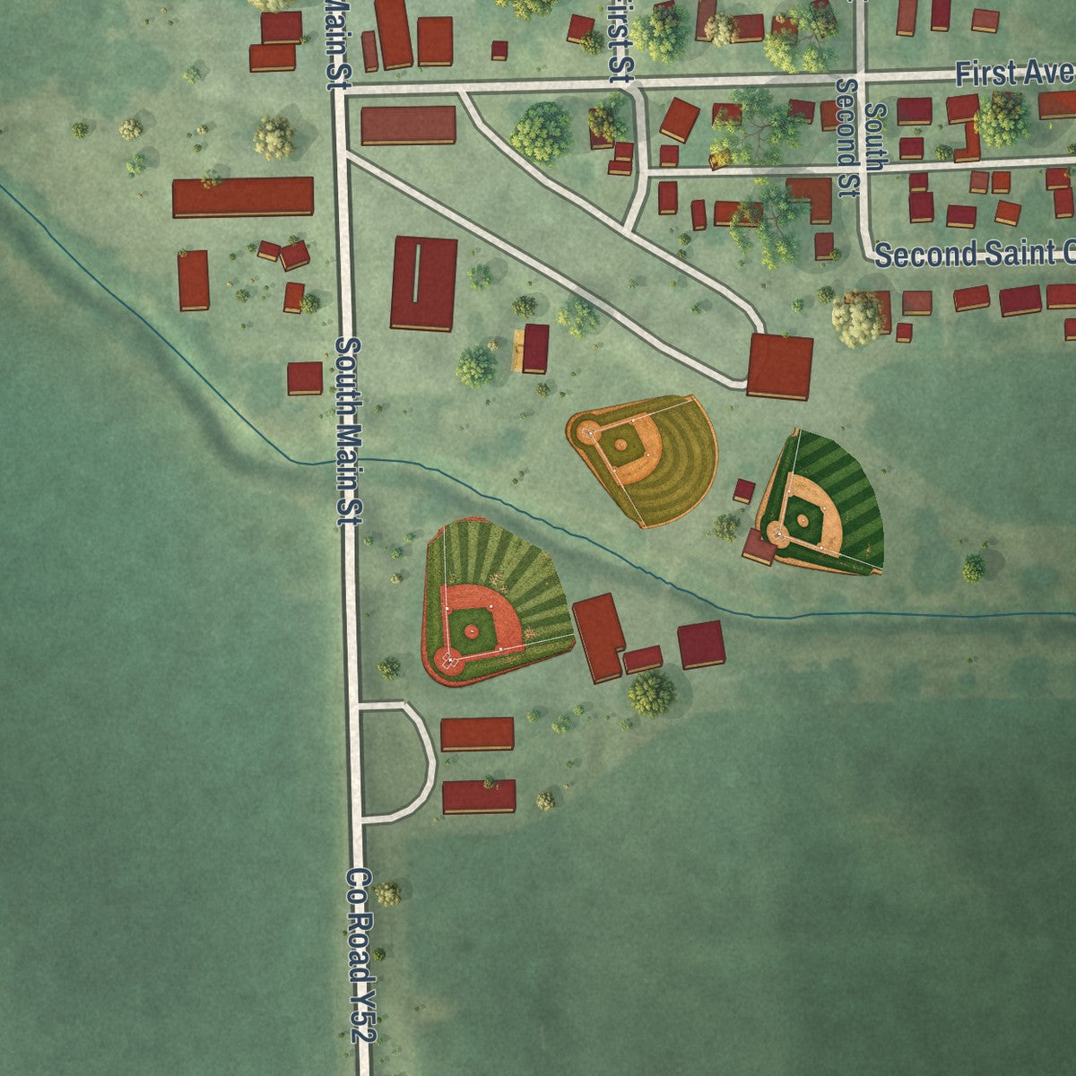 Close-up of the map of Donahue, Iowa print showing street and building detail