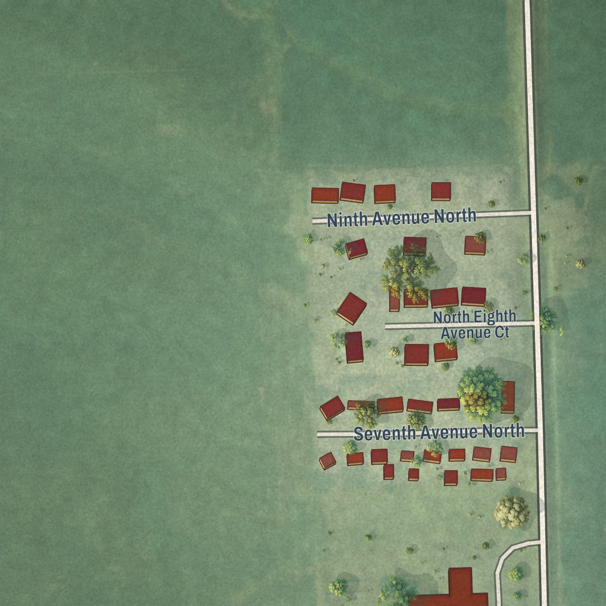Second close-up of the map of Donahue, Iowa print showing more streets and buildings