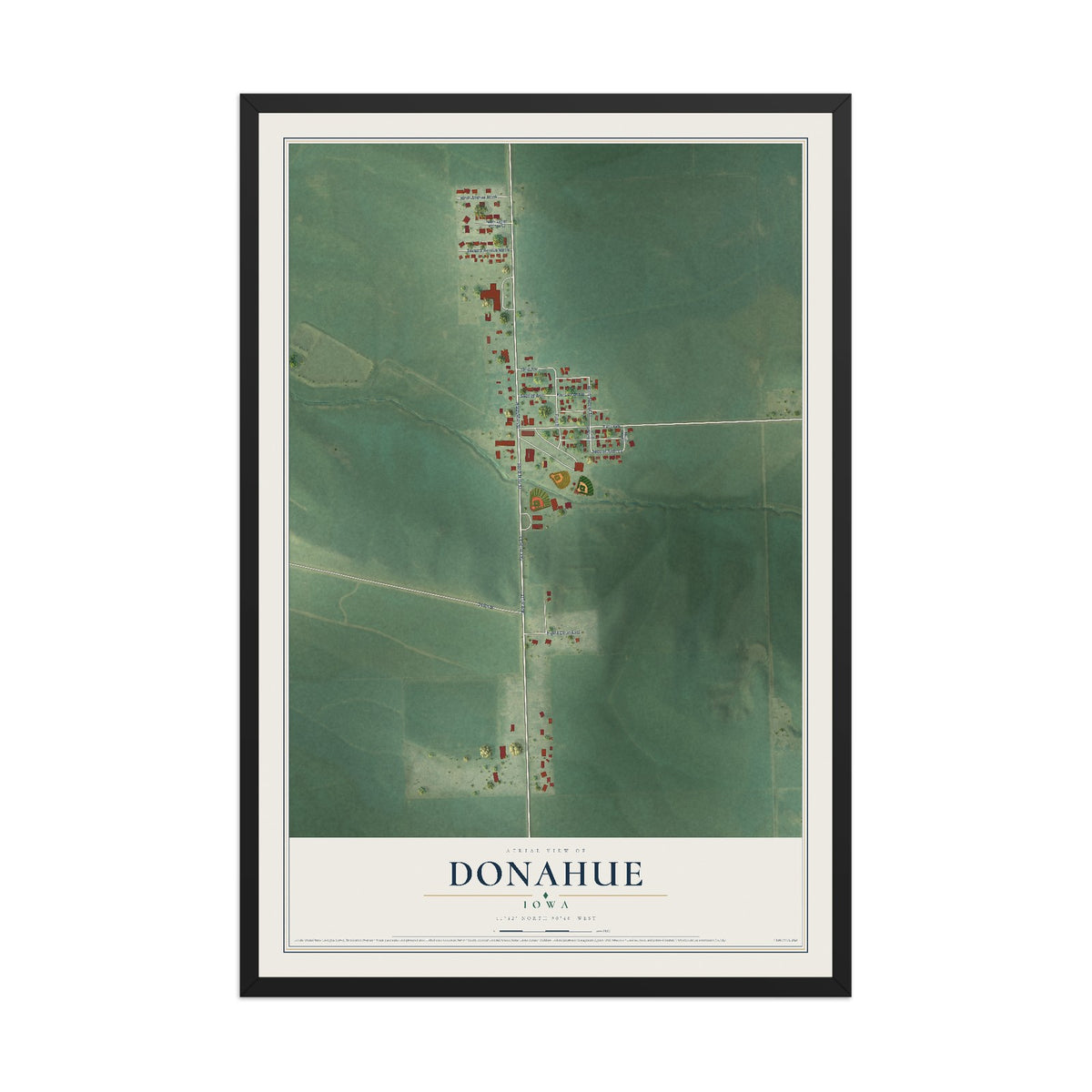 Map of Donahue, Iowa, 12 x 18 inch print in a black wood frame