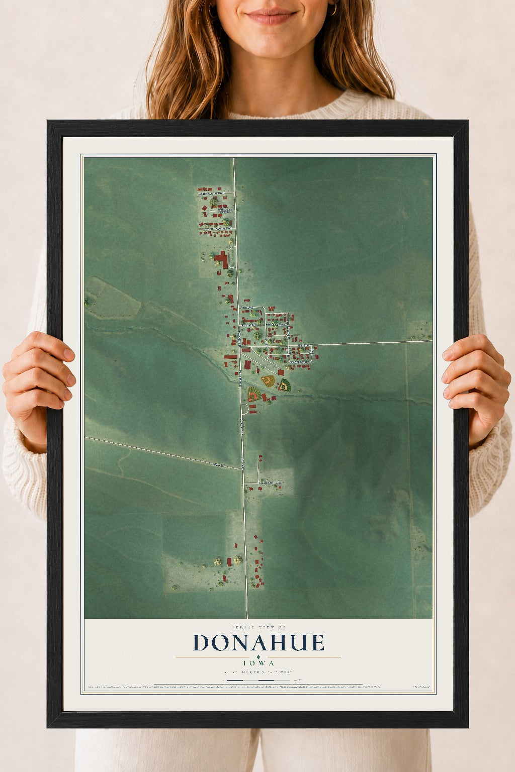 Map of Donahue, Iowa, 18 x 24 inch print in a black wood frame