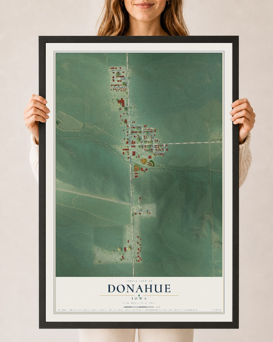 Map of Donahue, Iowa, 24 x 36 inch print in a black wood frame