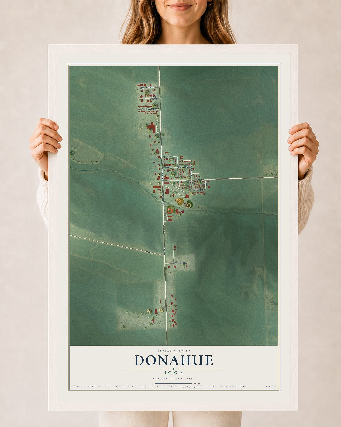 Map of Donahue, Iowa, 24 x 36 inch print in a white wood frame