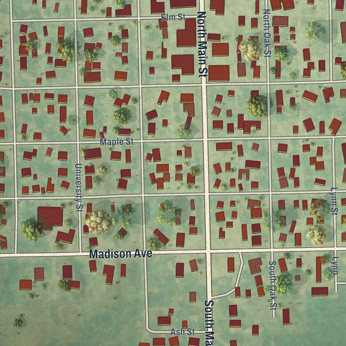 Close-up of the map of Donnellson, Iowa print showing street and building detail