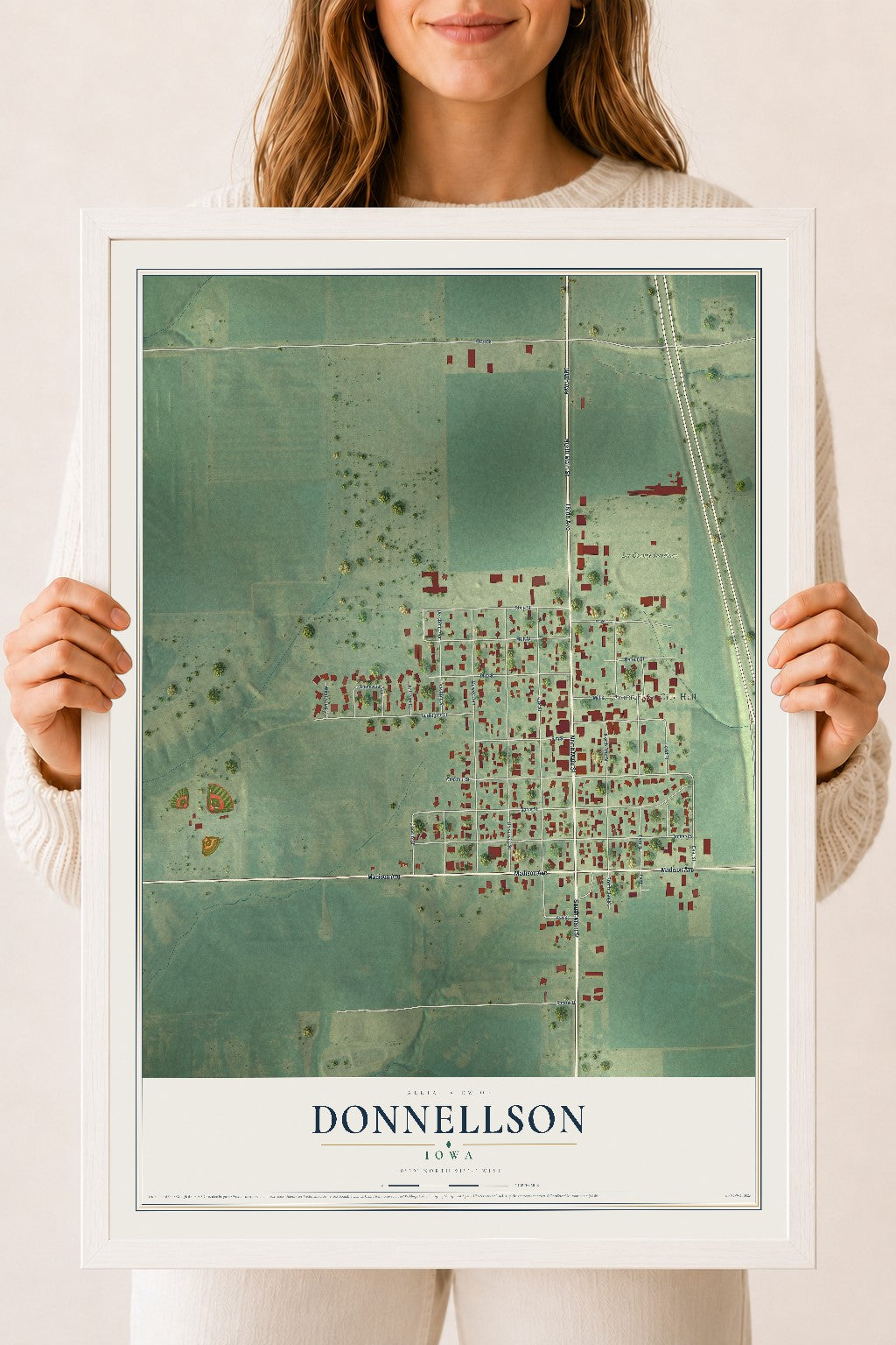 Map of Donnellson, Iowa, 18 x 24 inch print in a white wood frame