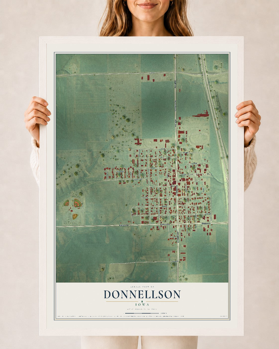 Map of Donnellson, Iowa, 24 x 36 inch print in a white wood frame