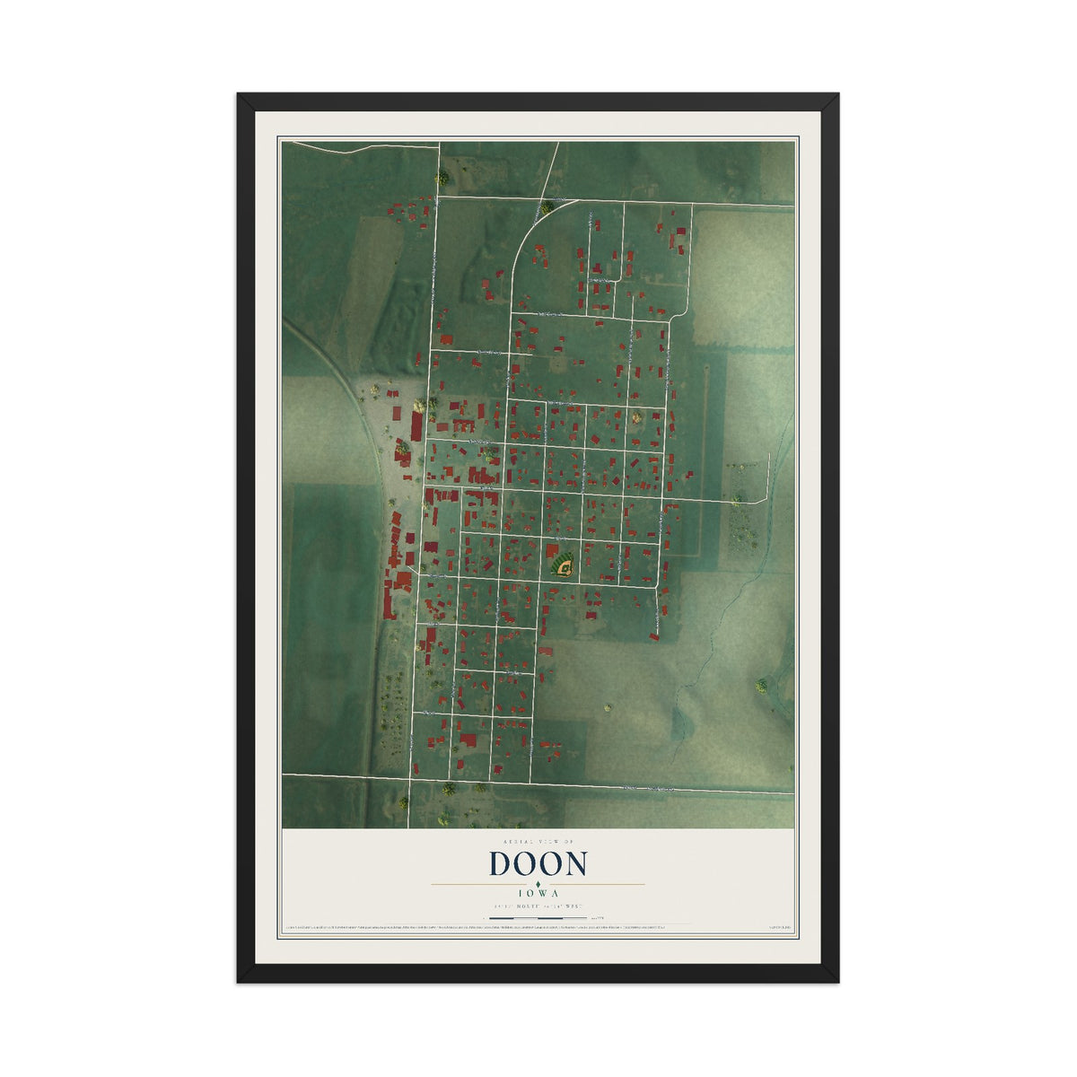 Map of Doon, Iowa, 12 x 18 inch print in a black wood frame