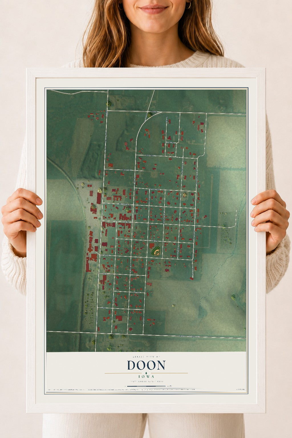 Map of Doon, Iowa, 18 x 24 inch print in a white wood frame