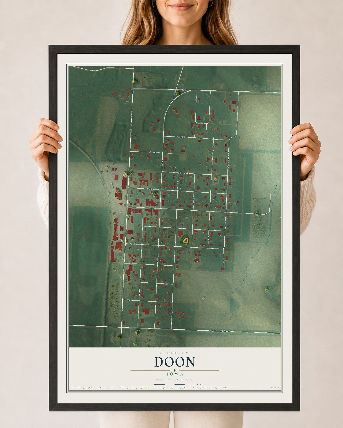 Map of Doon, Iowa, 24 x 36 inch print in a black wood frame
