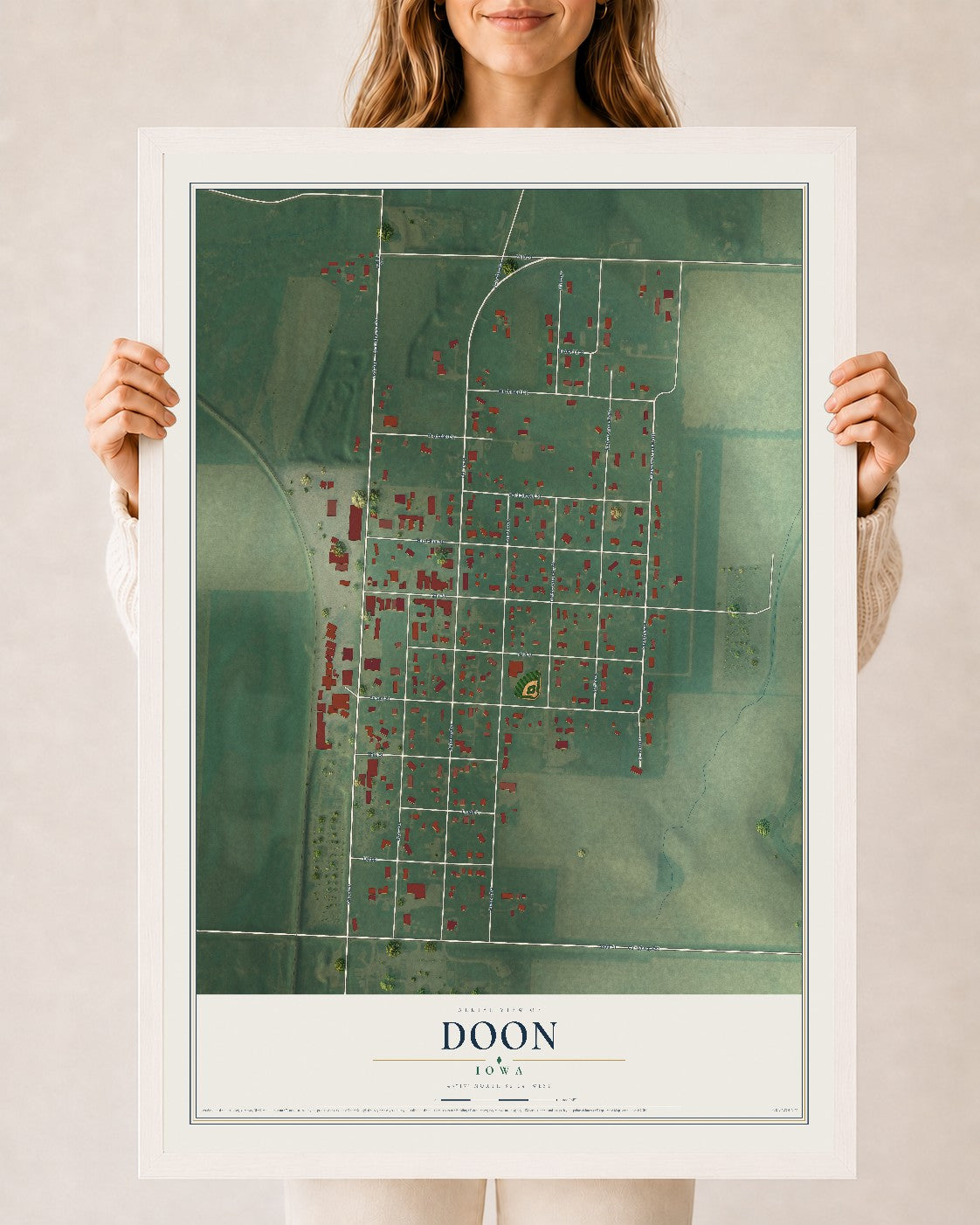 Map of Doon, Iowa, 24 x 36 inch print in a white wood frame