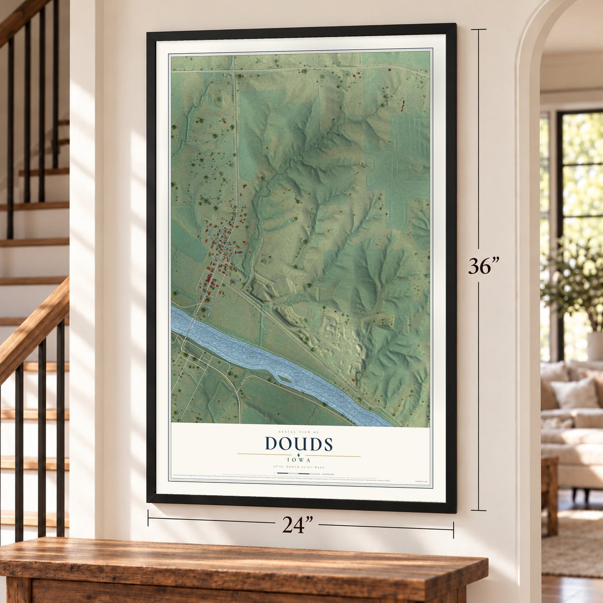 Douds, Iowa map, 24 x 36 inch print in a black frame by a staircase