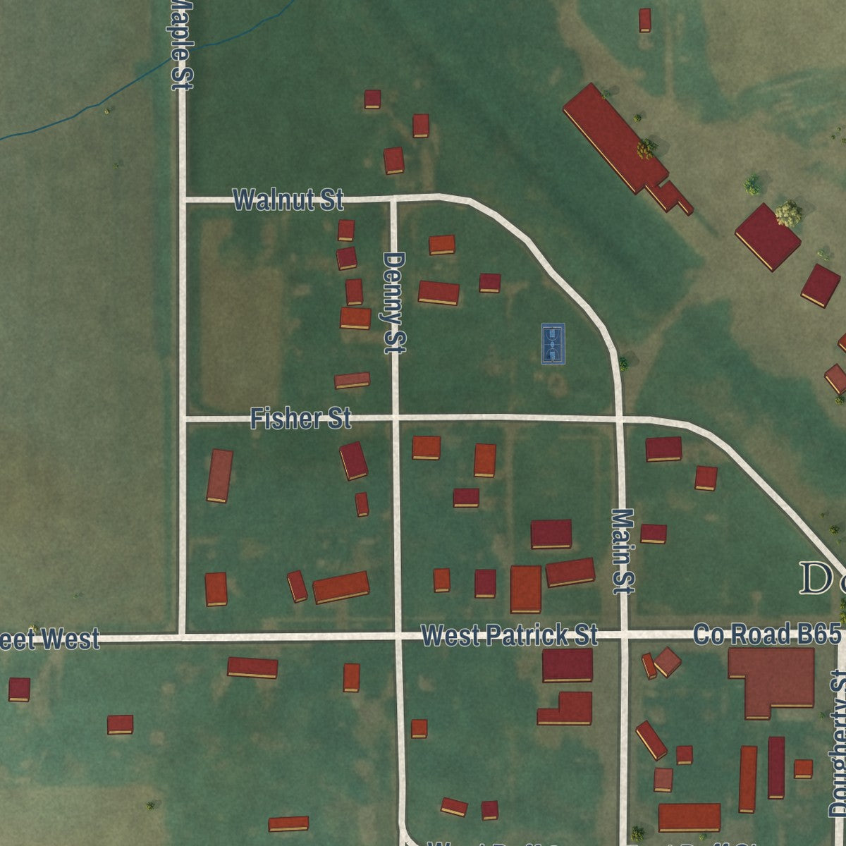 Close-up of the map of Dougherty, Iowa print showing street and building detail