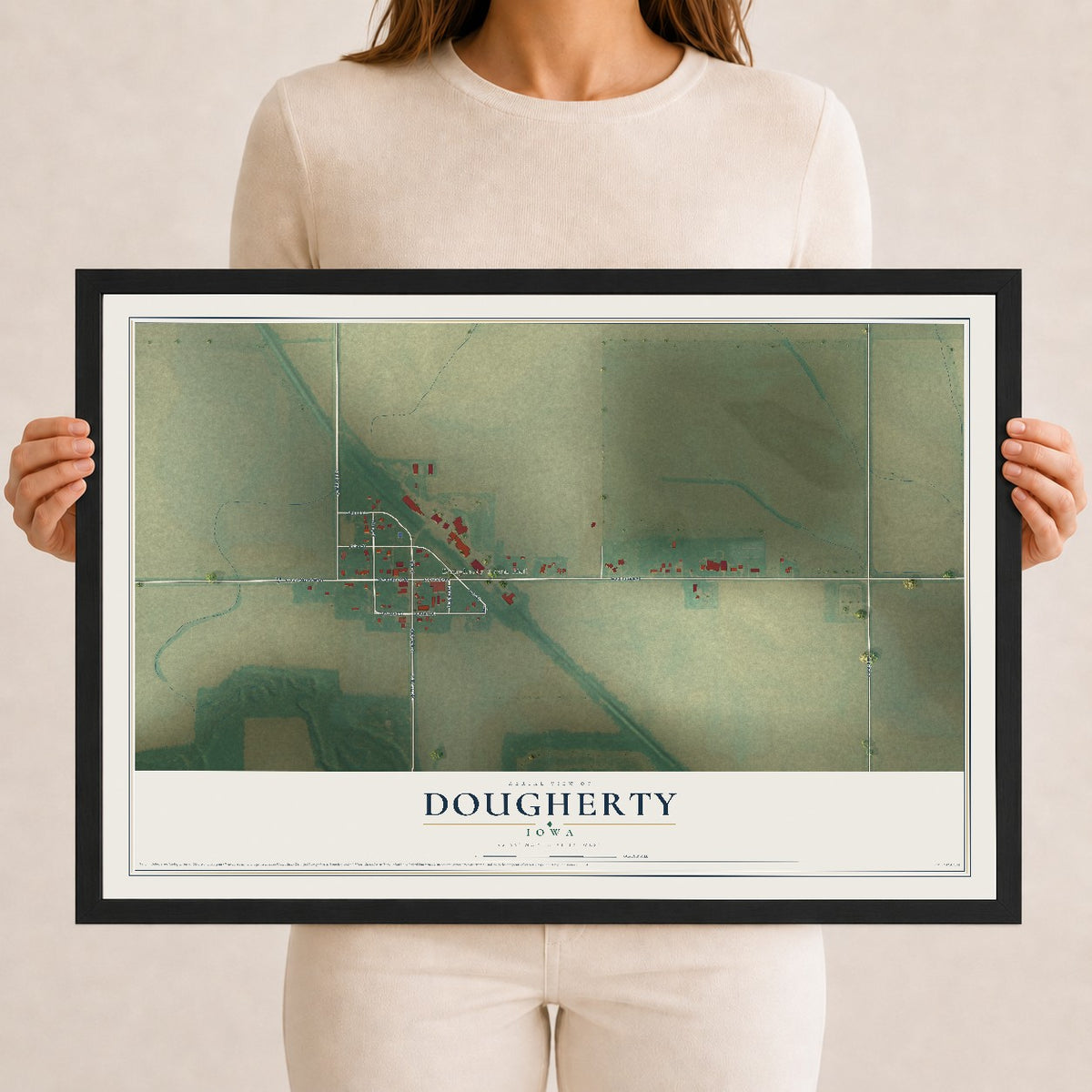 Map of Dougherty, Iowa, 12 x 18 inch print in a black wood frame