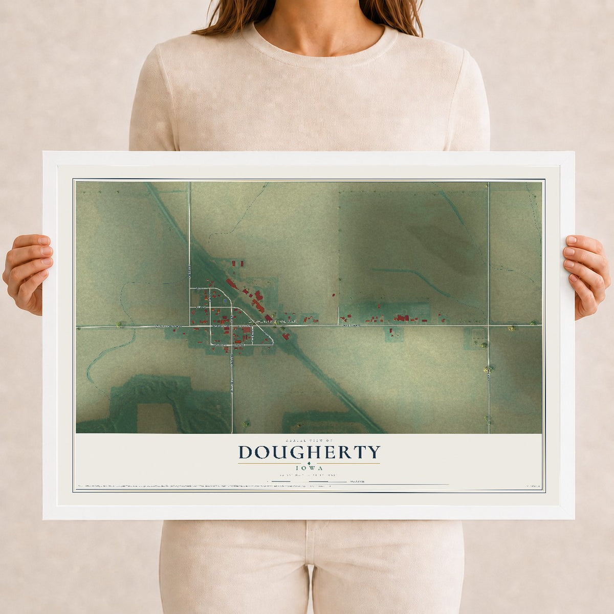 Map of Dougherty, Iowa, 12 x 18 inch print in a white wood frame