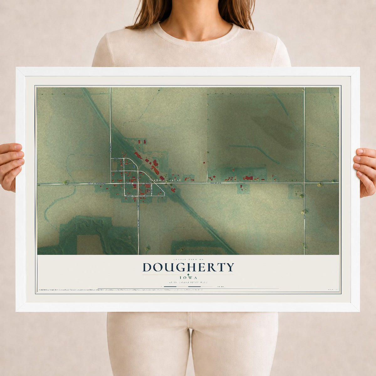 Map of Dougherty, Iowa, 18 x 24 inch print in a white wood frame