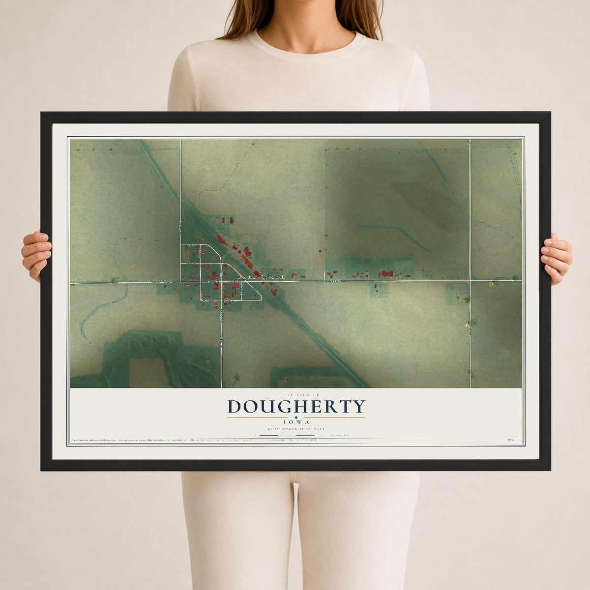 Map of Dougherty, Iowa, 24 x 36 inch print in a black wood frame
