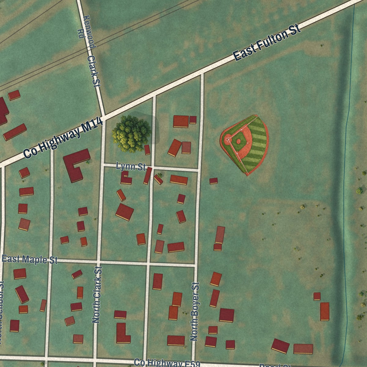 Second close-up of the map of Dow City, Iowa print showing more streets and buildings