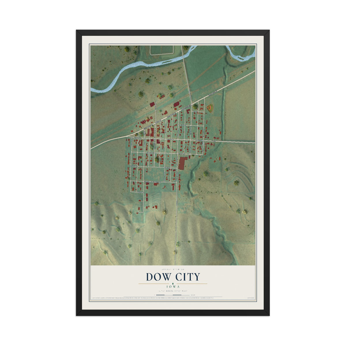 Map of Dow City, Iowa, 12 x 18 inch print in a black wood frame