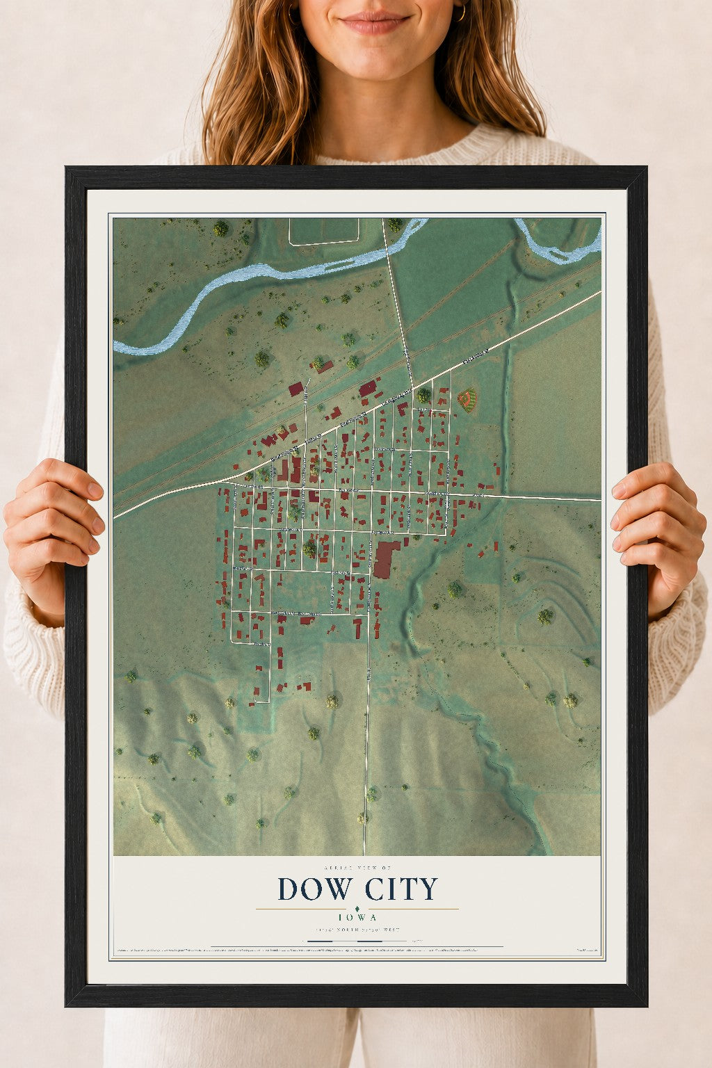 Map of Dow City, Iowa, 18 x 24 inch print in a black wood frame