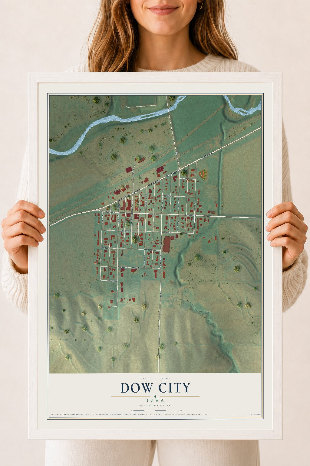 Map of Dow City, Iowa, 18 x 24 inch print in a white wood frame