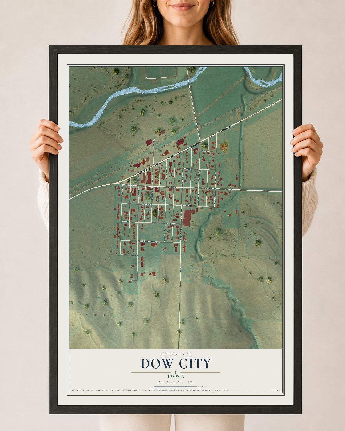 Map of Dow City, Iowa, 24 x 36 inch print in a black wood frame