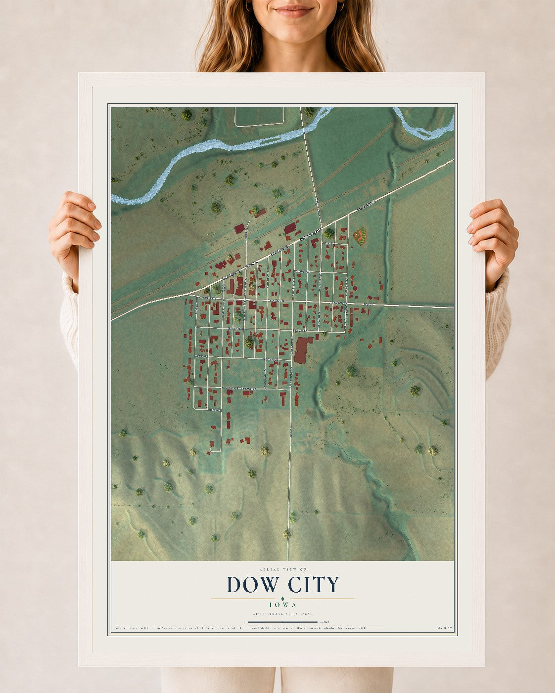Map of Dow City, Iowa, 24 x 36 inch print in a white wood frame