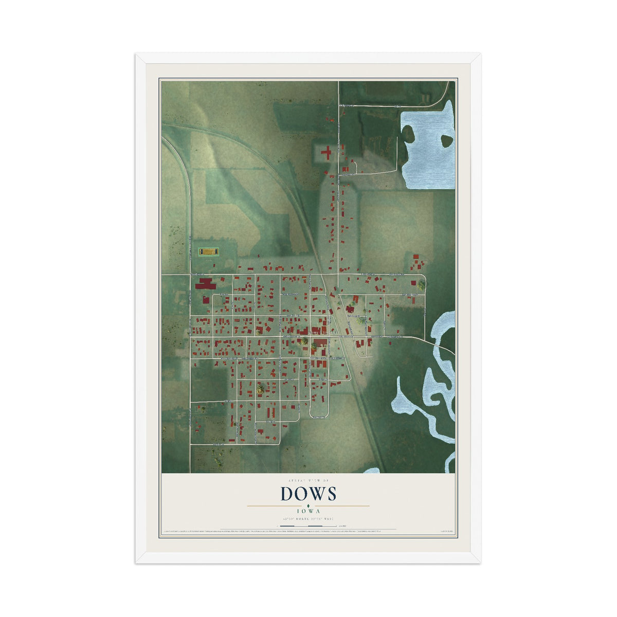 Map of Dows, Iowa, 12 x 18 inch print in a white wood frame