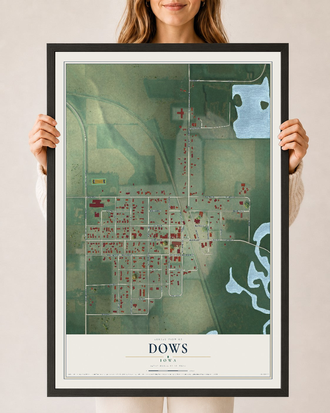 Map of Dows, Iowa, 24 x 36 inch print in a black wood frame