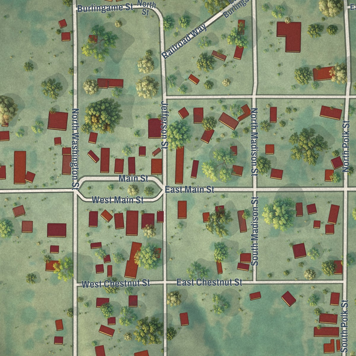Close-up of the map of Drakesville, Iowa print showing street and building detail