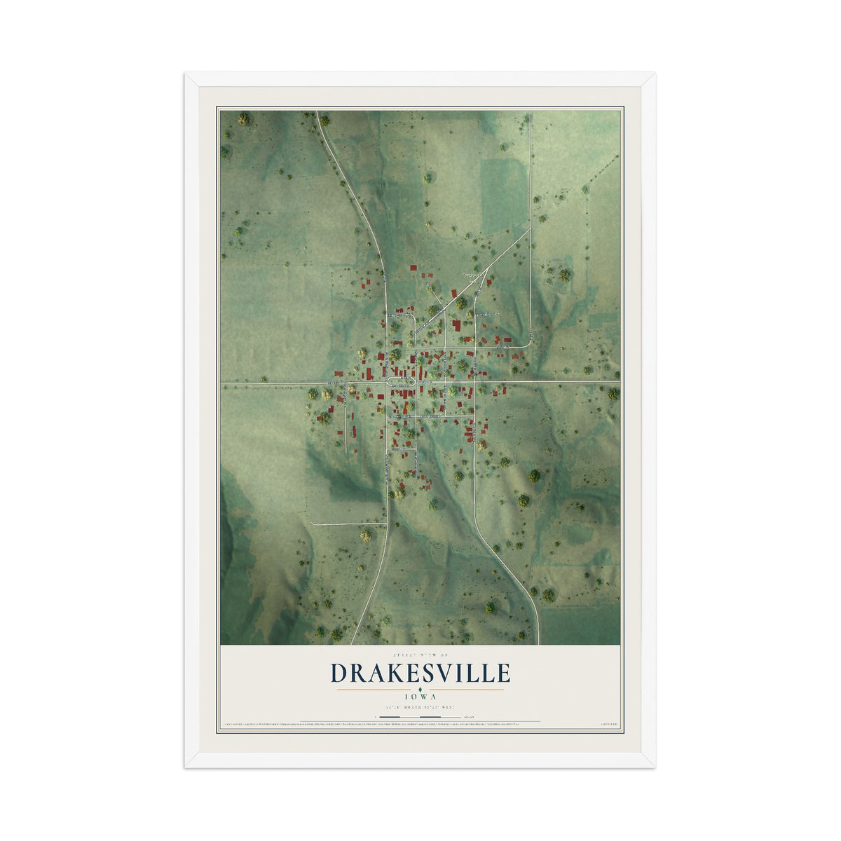 Map of Drakesville, Iowa, 12 x 18 inch print in a white wood frame