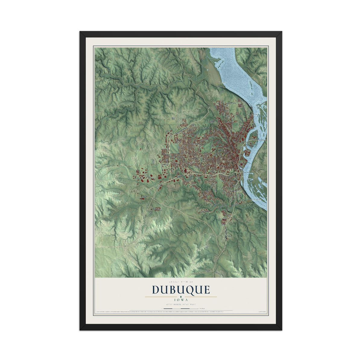 Map of Dubuque, Iowa, 12 x 18 inch print in a black wood frame