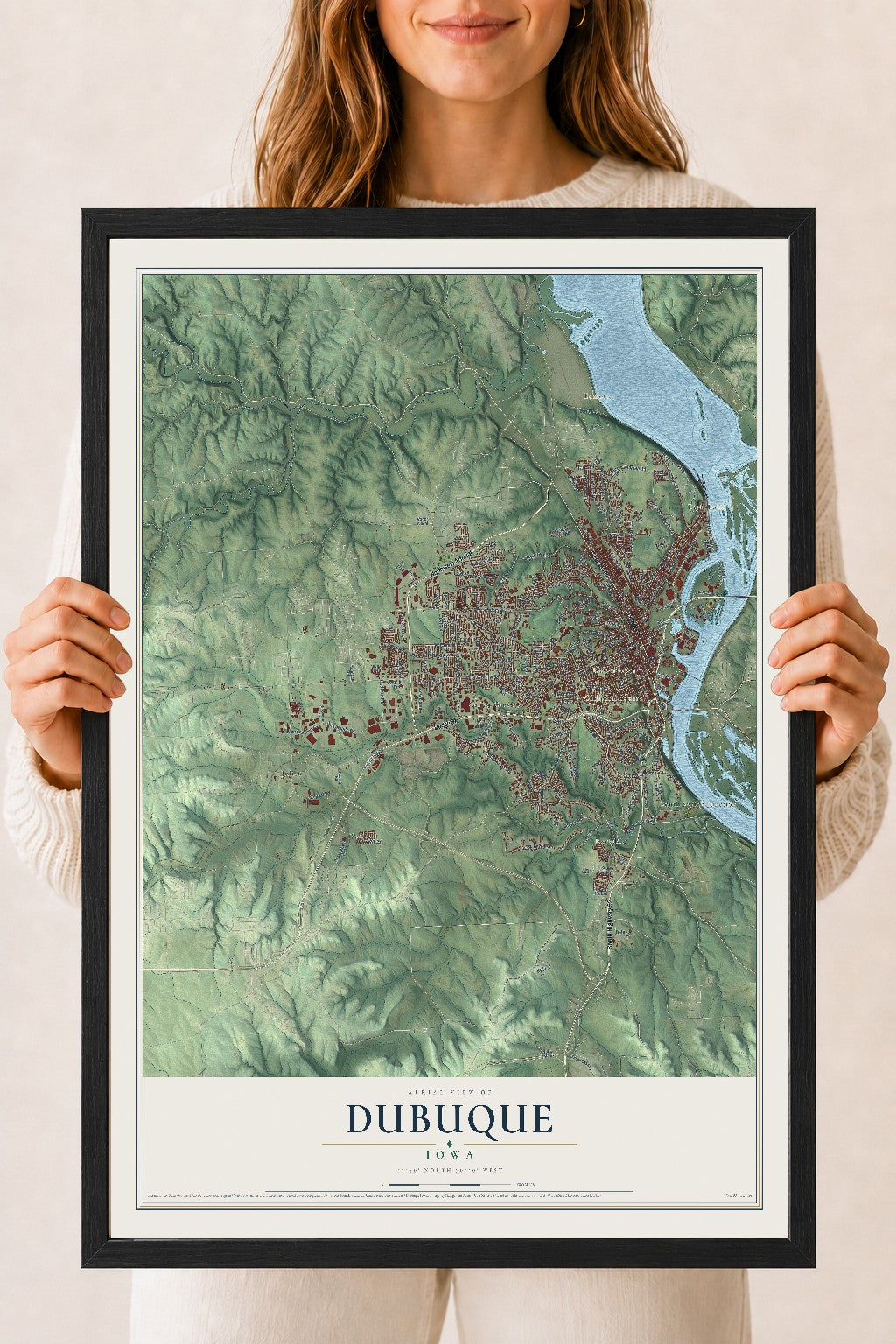 Map of Dubuque, Iowa, 18 x 24 inch print in a black wood frame