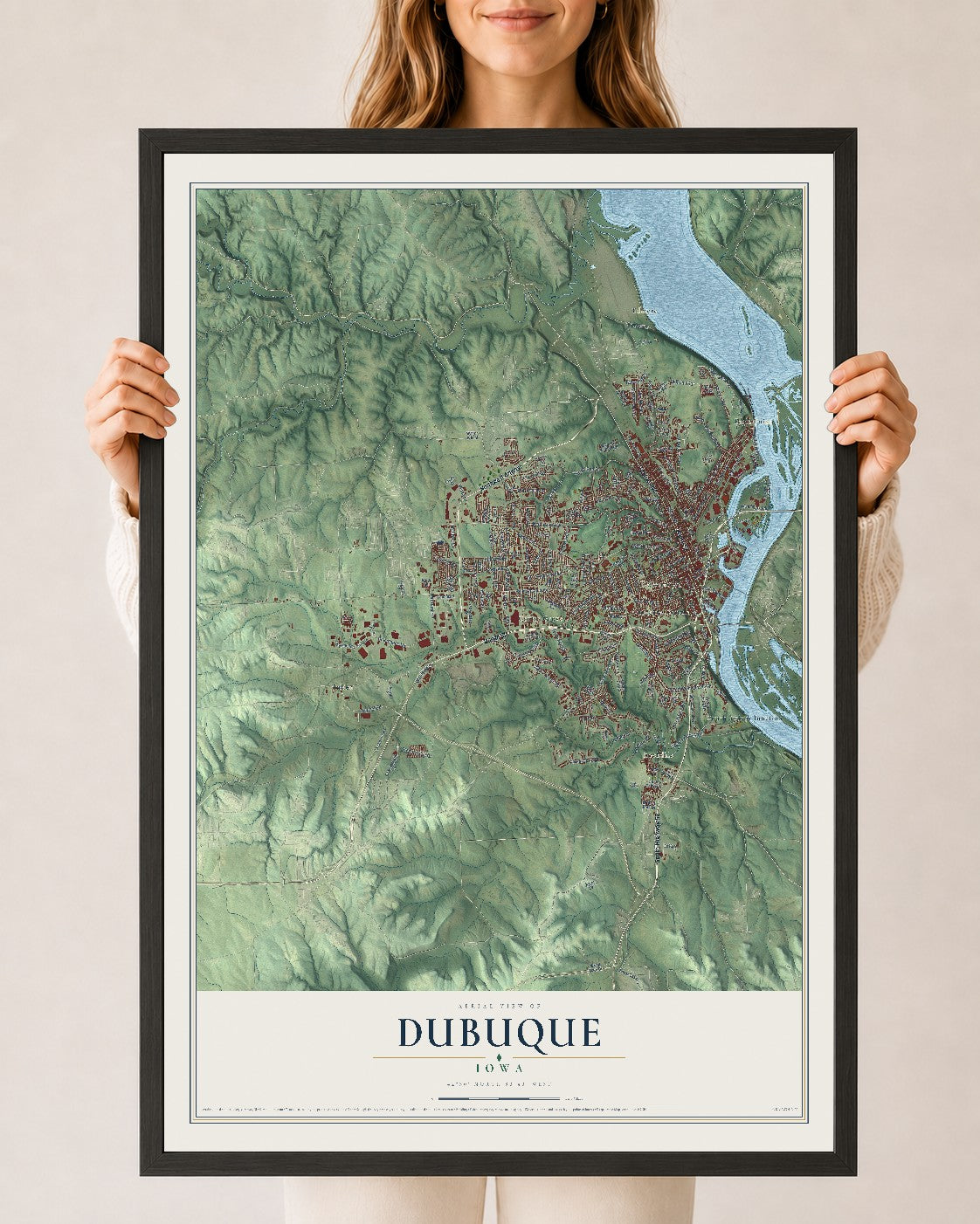 Map of Dubuque, Iowa, 24 x 36 inch print in a black wood frame