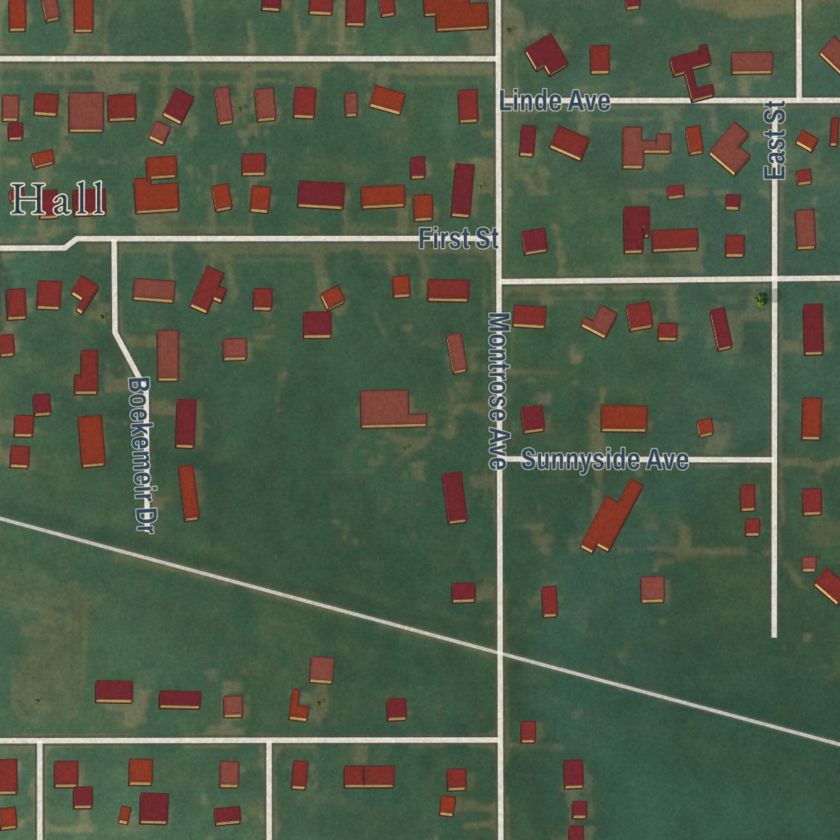 Second close-up of the map of Dumont, Iowa print showing more streets and buildings