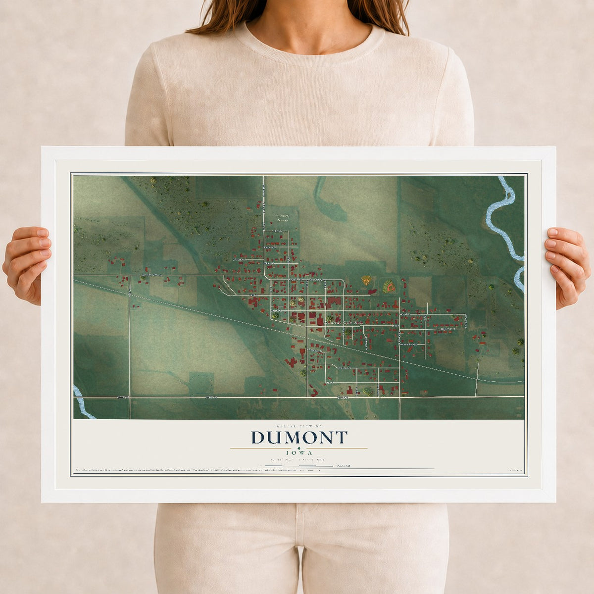 Map of Dumont, Iowa, 12 x 18 inch print in a white wood frame