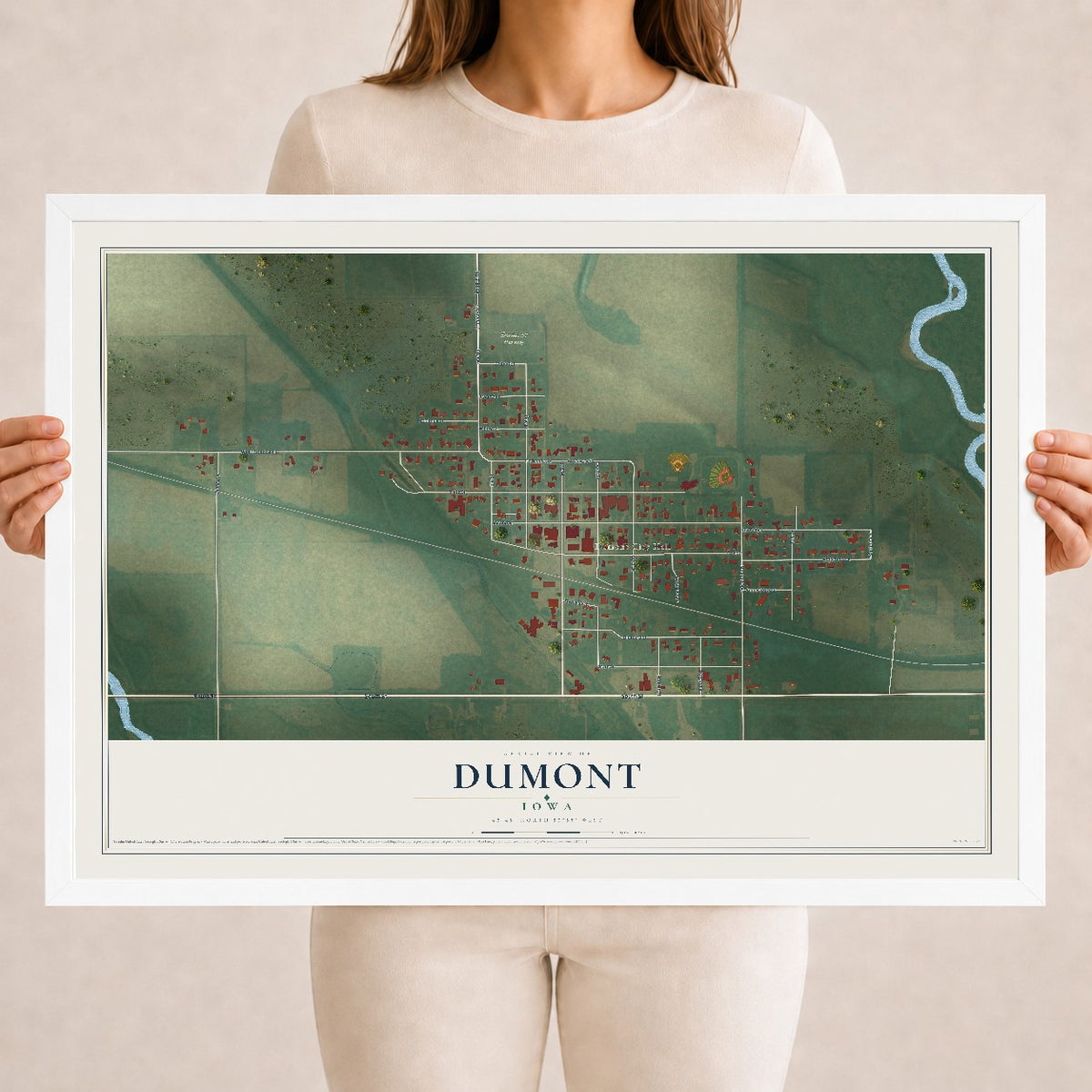 Map of Dumont, Iowa, 18 x 24 inch print in a white wood frame