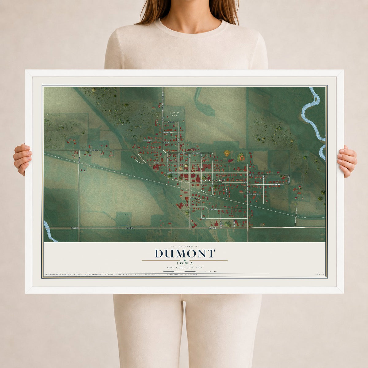 Map of Dumont, Iowa, 24 x 36 inch print in a white wood frame